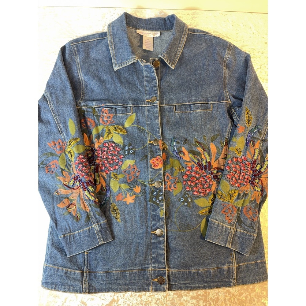 Susan‎ Graver Beaded Embroidered Floral Denim Jacket Medium Blue Stretch M Boho